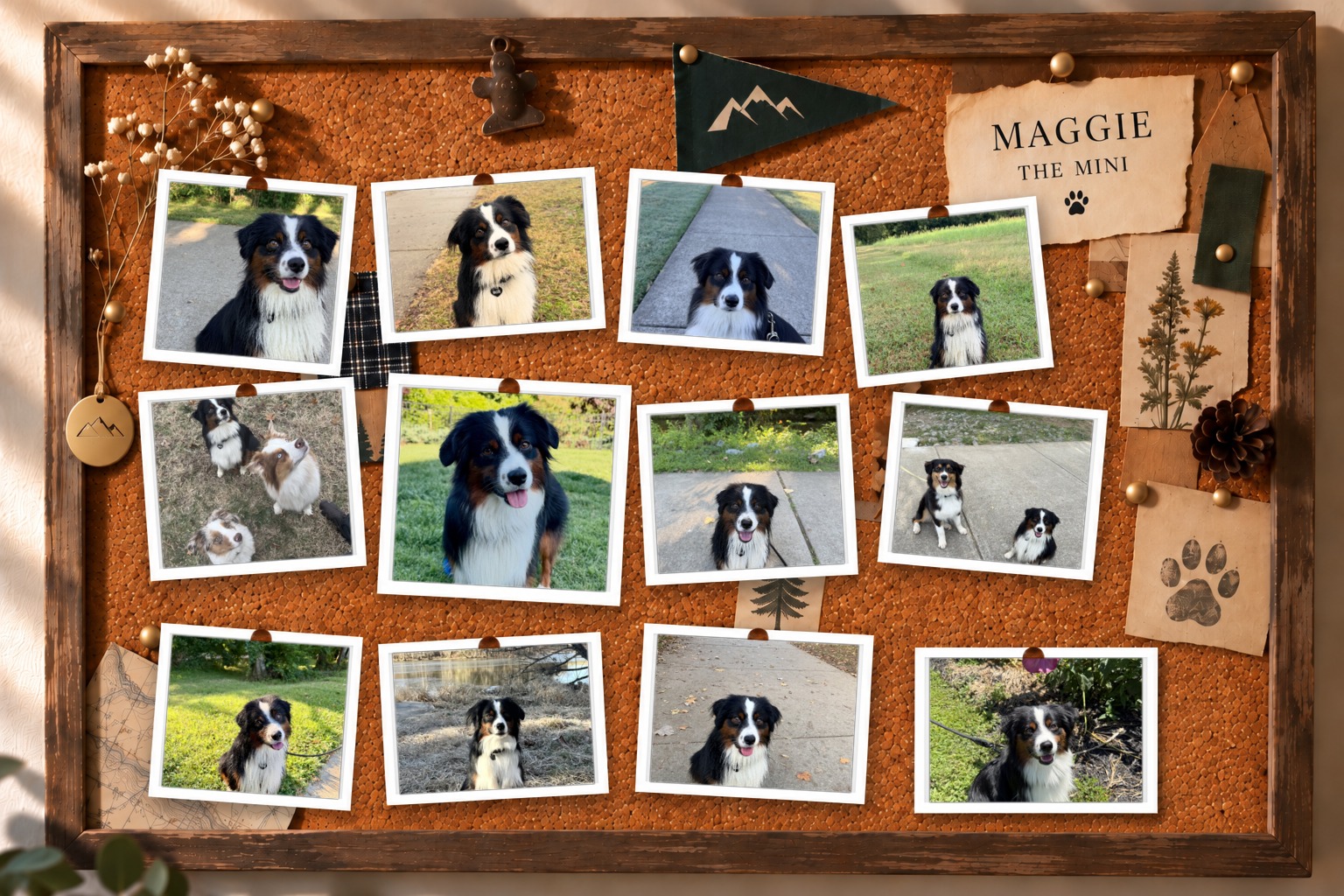 Maggie's adventure memory board, a cork board of pinned photos and notes